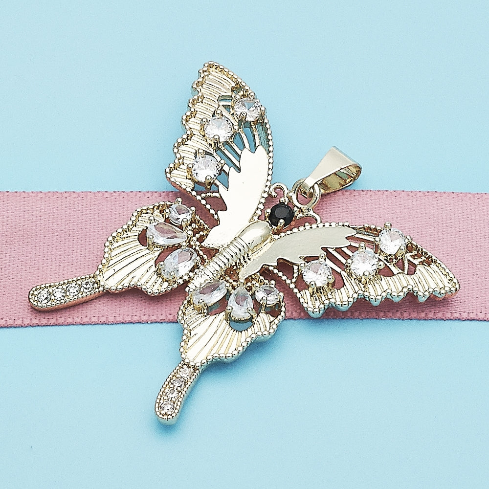 Oro Laminado Fancy Pendant, Gold Filled Style Butterfly Design, with White and Black Cubic Zirconia, Polished, Golden Finish