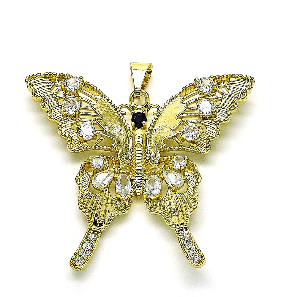 Oro Laminado Fancy Pendant, Gold Filled Style Butterfly Design, with White and Black Cubic Zirconia, Polished, Golden Finish