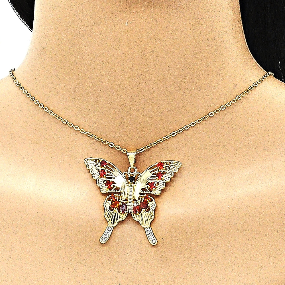 Oro Laminado Fancy Pendant, Gold Filled Style Butterfly Design, with Garnet and Black Cubic Zirconia, Polished, Golden Finish