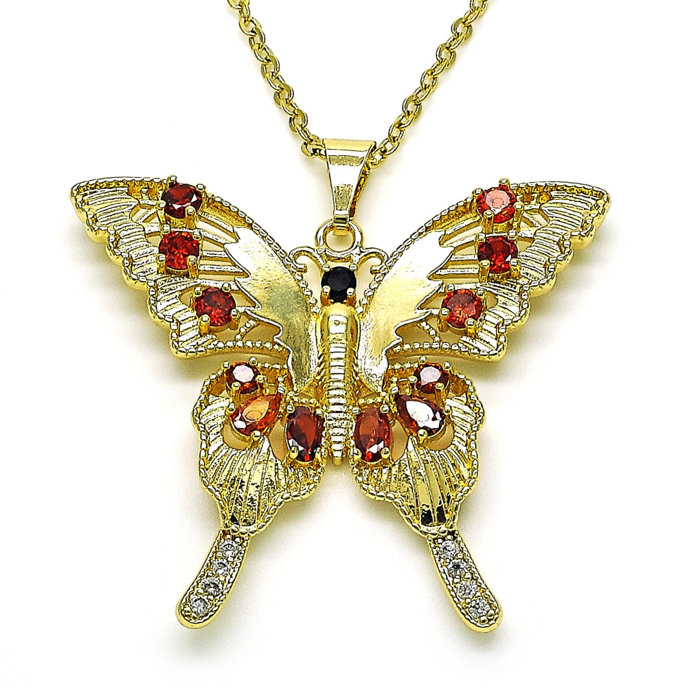 Oro Laminado Fancy Pendant, Gold Filled Style Butterfly Design, with Garnet and Black Cubic Zirconia, Polished, Golden Finish