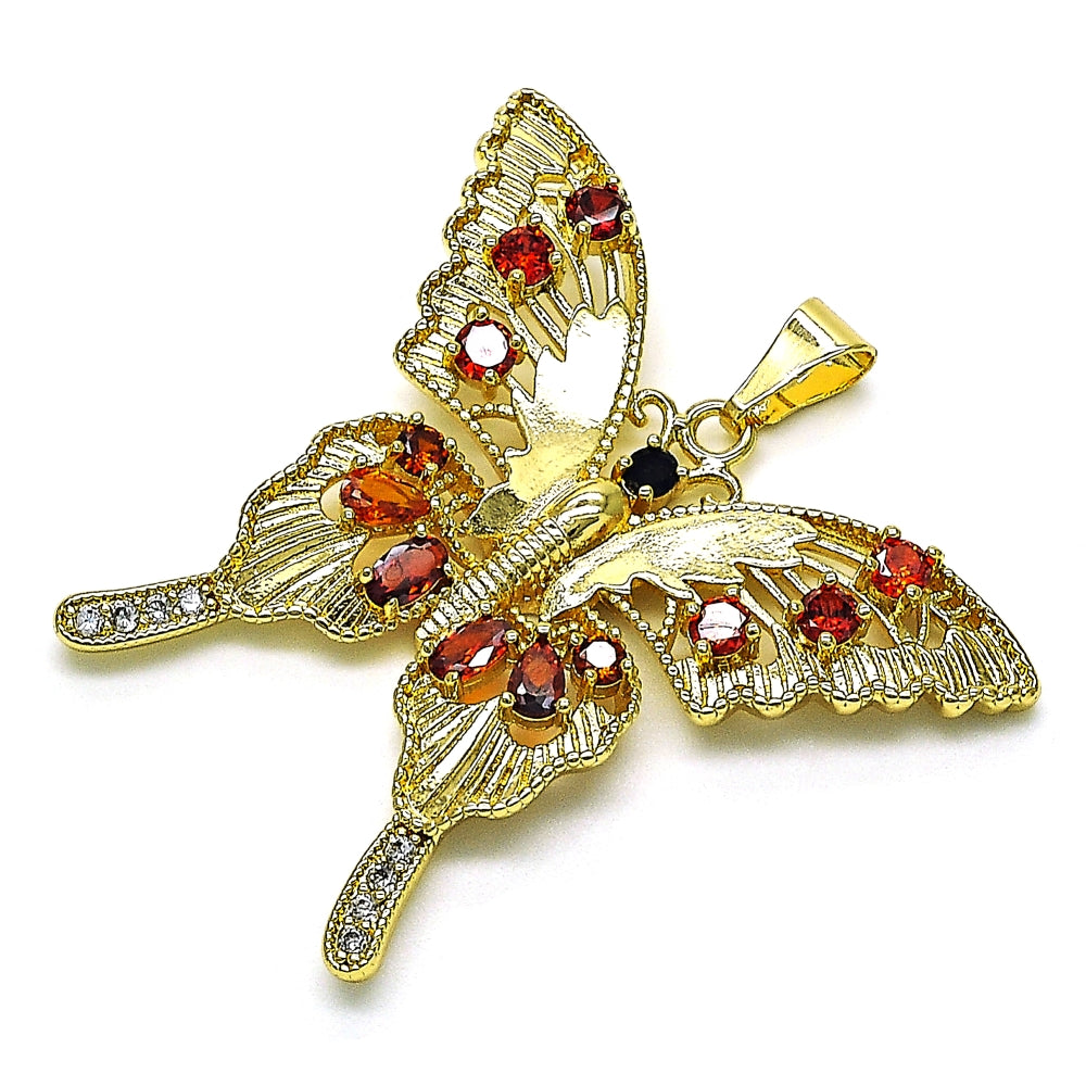 Oro Laminado Fancy Pendant, Gold Filled Style Butterfly Design, with Garnet and Black Cubic Zirconia, Polished, Golden Finish