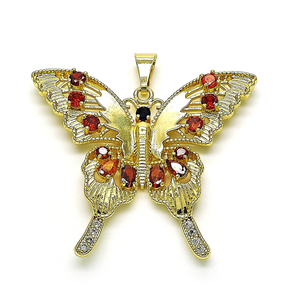 Oro Laminado Fancy Pendant, Gold Filled Style Butterfly Design, with Garnet and Black Cubic Zirconia, Polished, Golden Finish