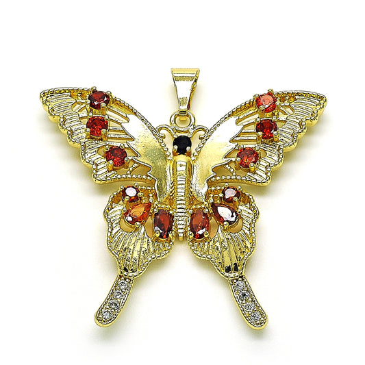 Oro Laminado Fancy Pendant, Gold Filled Style Butterfly Design, with Garnet and Black Cubic Zirconia, Polished, Golden Finish