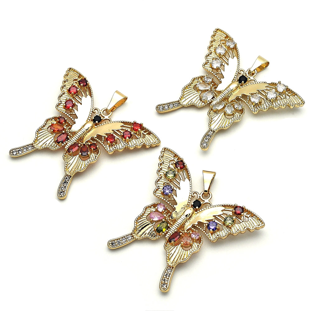 Oro Laminado Fancy Pendant, Gold Filled Style Butterfly Design, with Garnet and Black Cubic Zirconia, Polished, Golden Finish