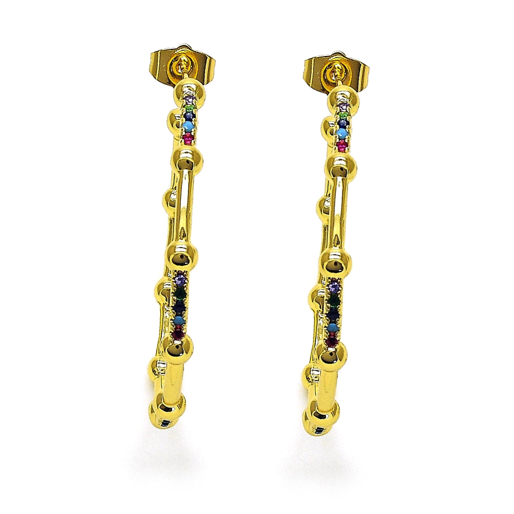Oro Laminado Stud Earring, Gold Filled Style with Multicolor Micro Pave, Polished, Golden Finish