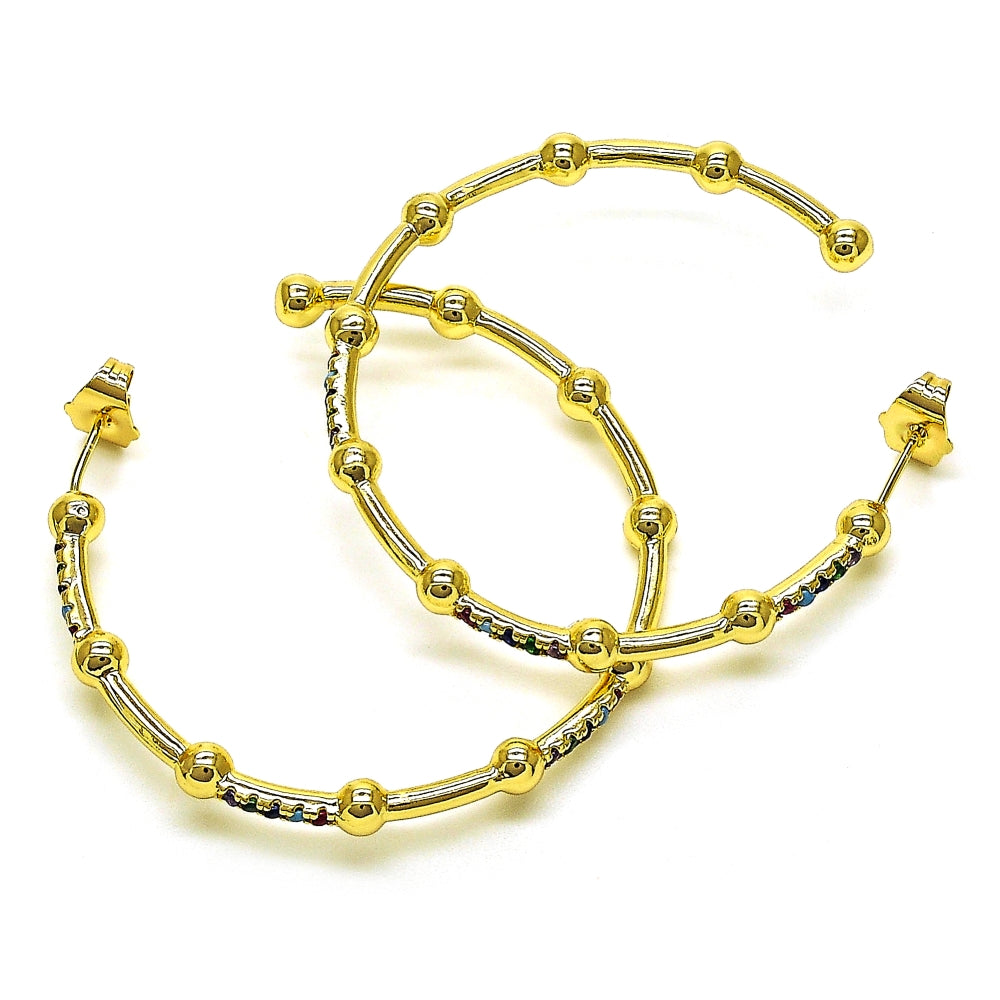 Oro Laminado Stud Earring, Gold Filled Style with Multicolor Micro Pave, Polished, Golden Finish