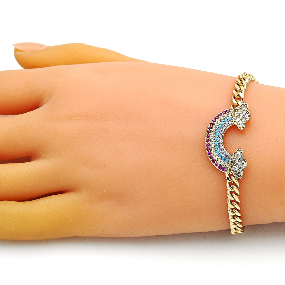 Oro Laminado Fancy Bracelet, Gold Filled Style Curb Design, with Multicolor Micro Pave, Polished, Golden Finish