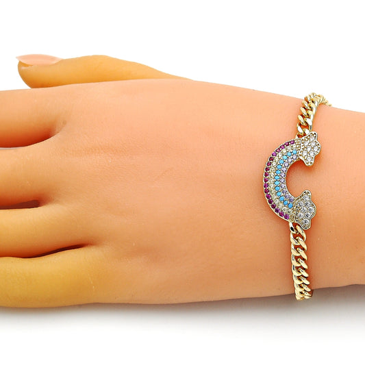 Oro Laminado Fancy Bracelet, Gold Filled Style Curb Design, with Multicolor Micro Pave, Polished, Golden Finish