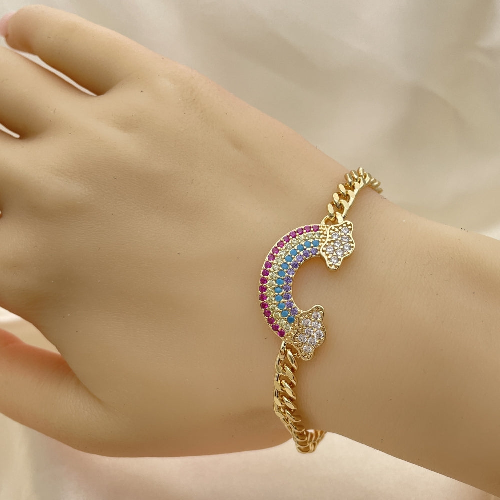 Oro Laminado Fancy Bracelet, Gold Filled Style Curb Design, with Multicolor Micro Pave, Polished, Golden Finish