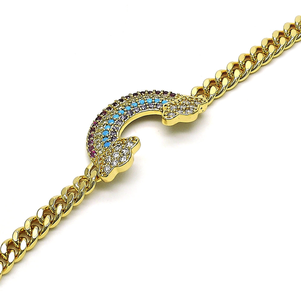 Oro Laminado Fancy Bracelet, Gold Filled Style Curb Design, with Multicolor Micro Pave, Polished, Golden Finish
