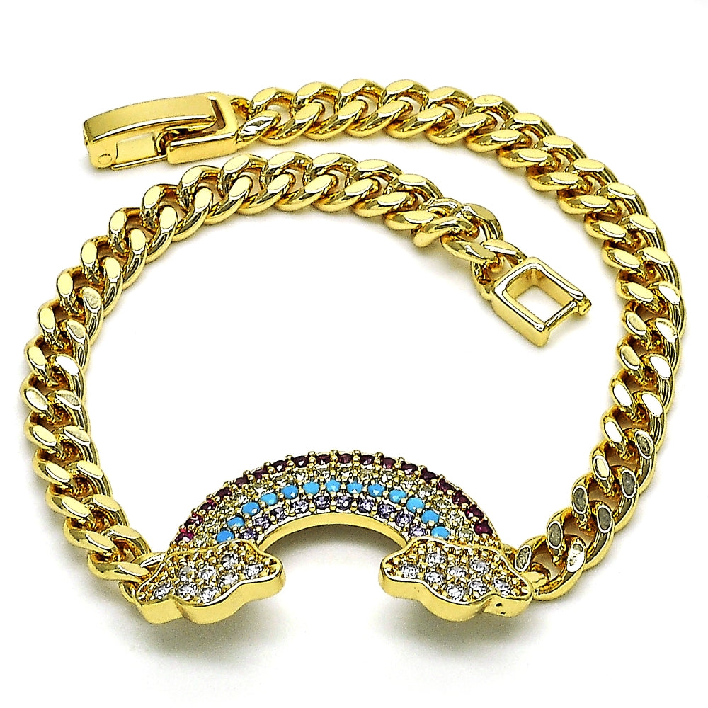 Oro Laminado Fancy Bracelet, Gold Filled Style Curb Design, with Multicolor Micro Pave, Polished, Golden Finish