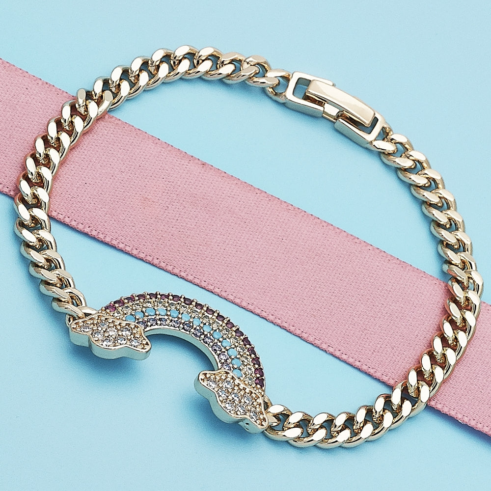 Oro Laminado Fancy Bracelet, Gold Filled Style Curb Design, with Multicolor Micro Pave, Polished, Golden Finish
