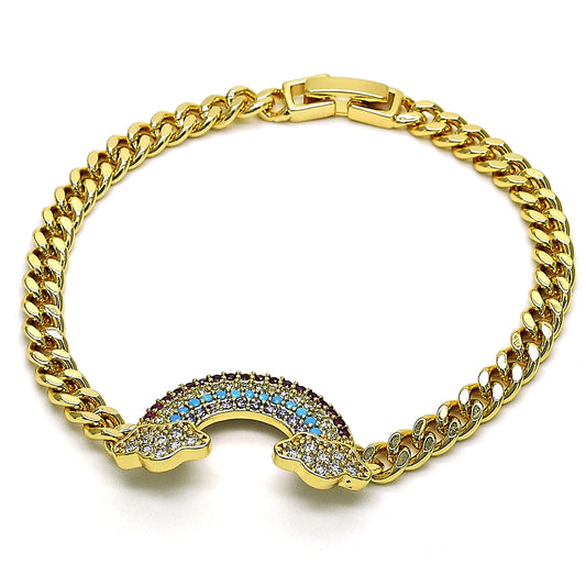 Oro Laminado Fancy Bracelet, Gold Filled Style Curb Design, with Multicolor Micro Pave, Polished, Golden Finish