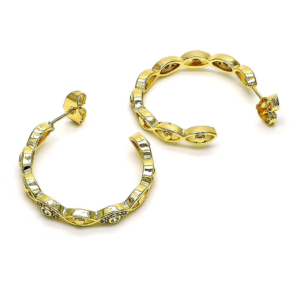 Oro Laminado Medium Hoop, Gold Filled Style Evil Eye Design, with White Micro Pave, Polished, Golden Finish