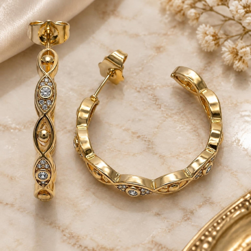 Oro Laminado Medium Hoop, Gold Filled Style Evil Eye Design, with White Micro Pave, Polished, Golden Finish