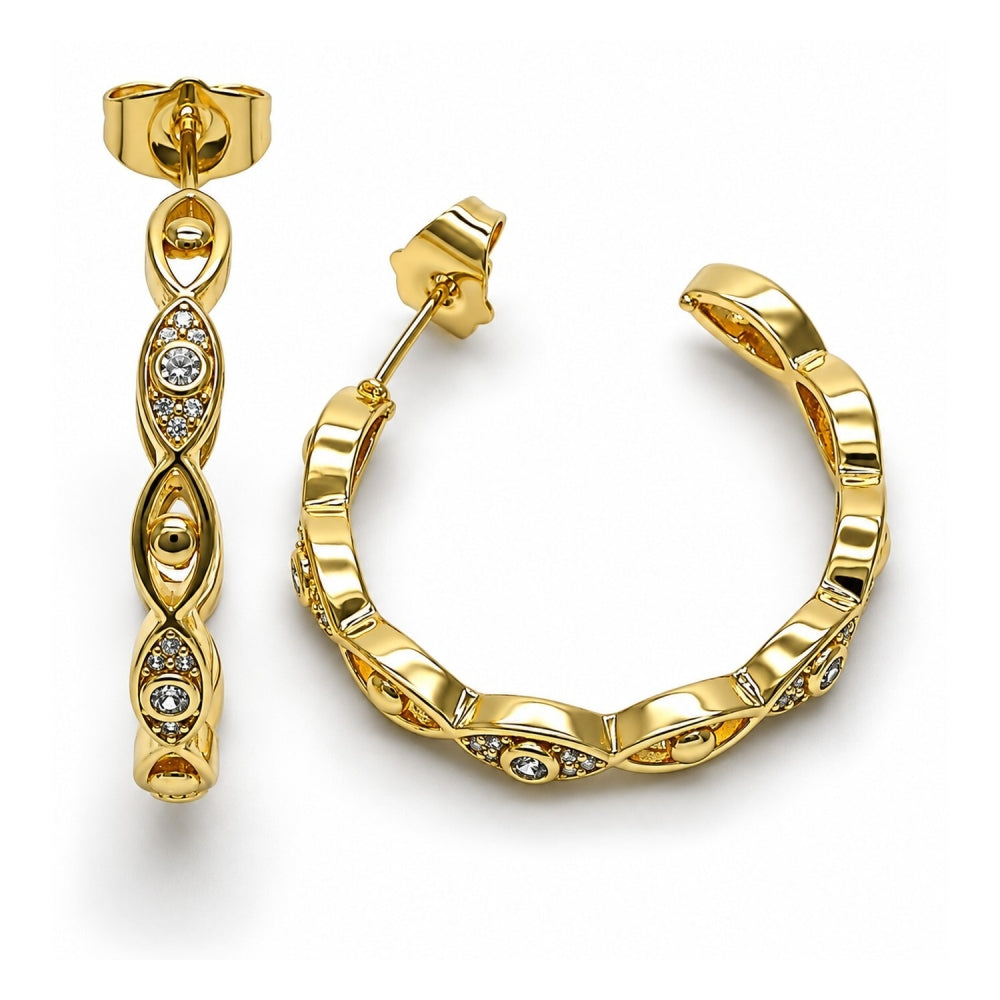 Oro Laminado Medium Hoop, Gold Filled Style Evil Eye Design, with White Micro Pave, Polished, Golden Finish