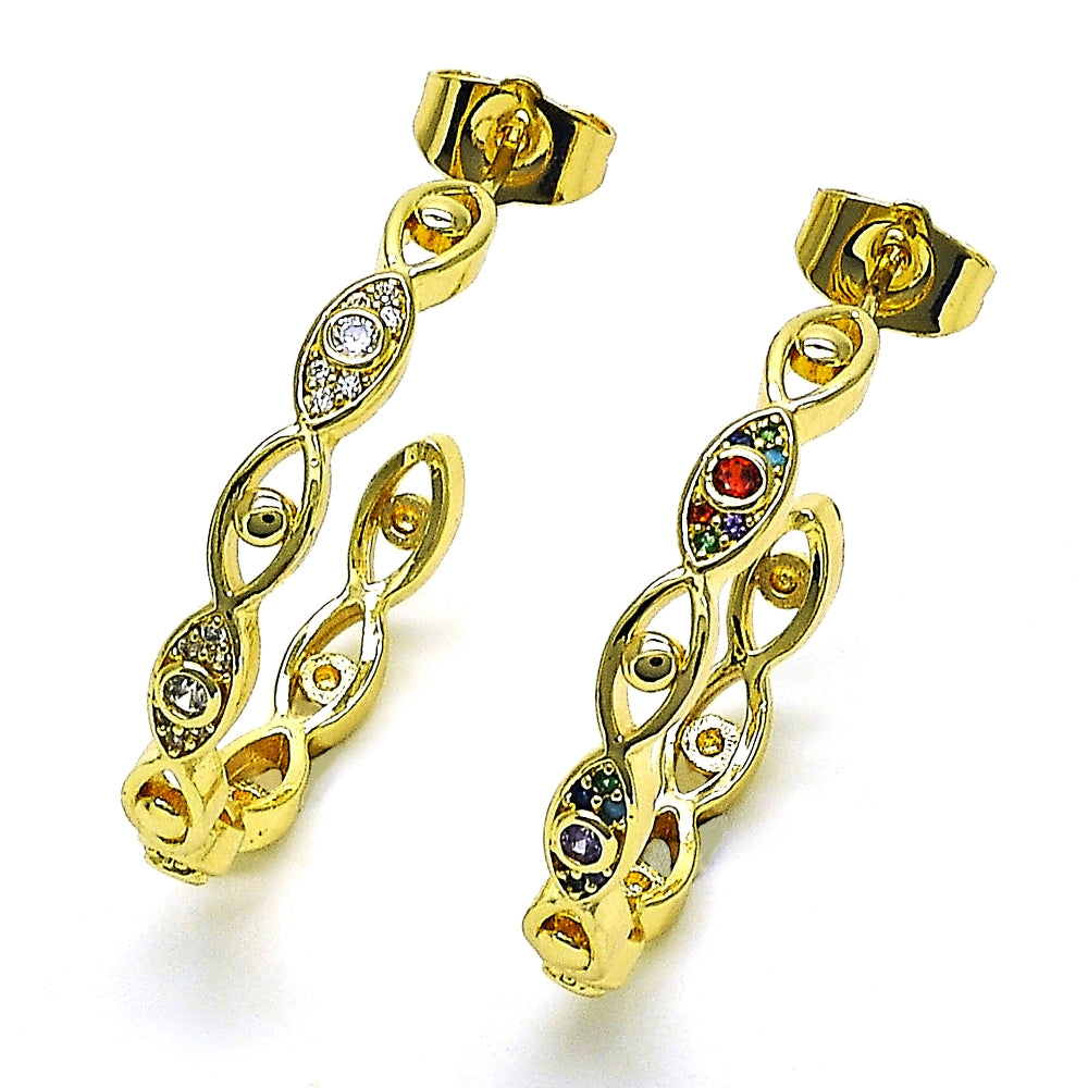 Oro Laminado Medium Hoop, Gold Filled Style Evil Eye Design, with White Micro Pave, Polished, Golden Finish