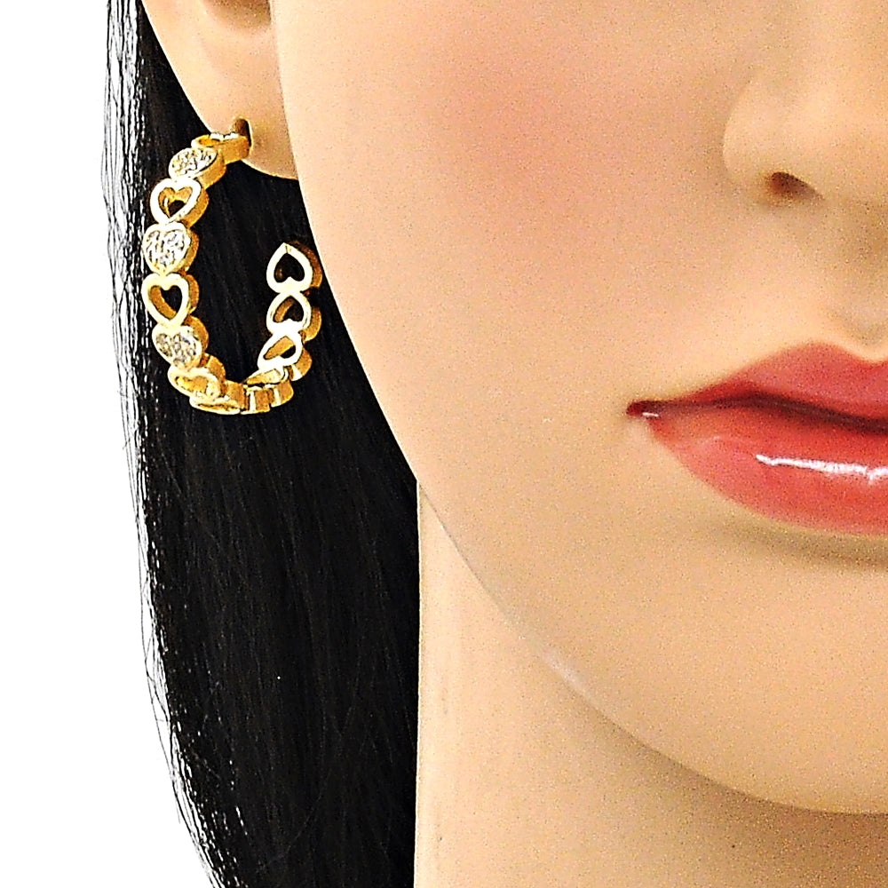 Oro Laminado Medium Hoop, Gold Filled Style Heart Design, with White Micro Pave, Polished, Golden Finish