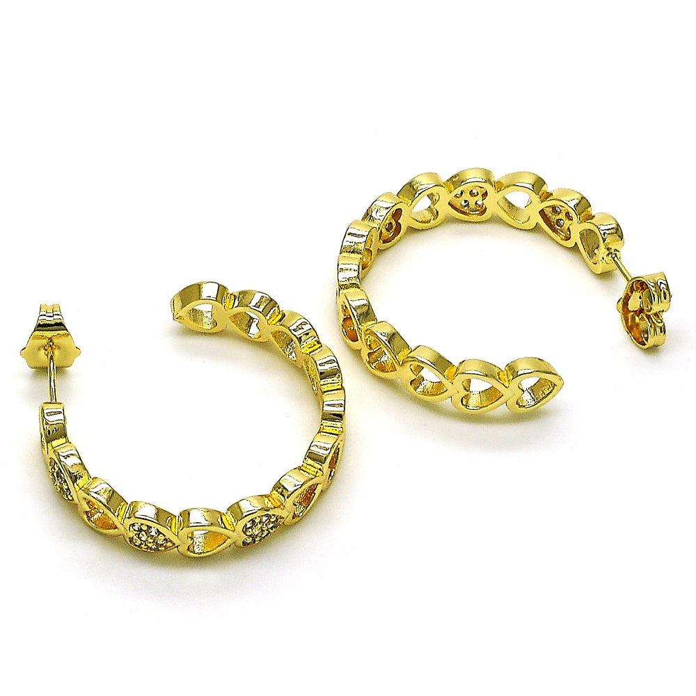 Oro Laminado Medium Hoop, Gold Filled Style Heart Design, with White Micro Pave, Polished, Golden Finish