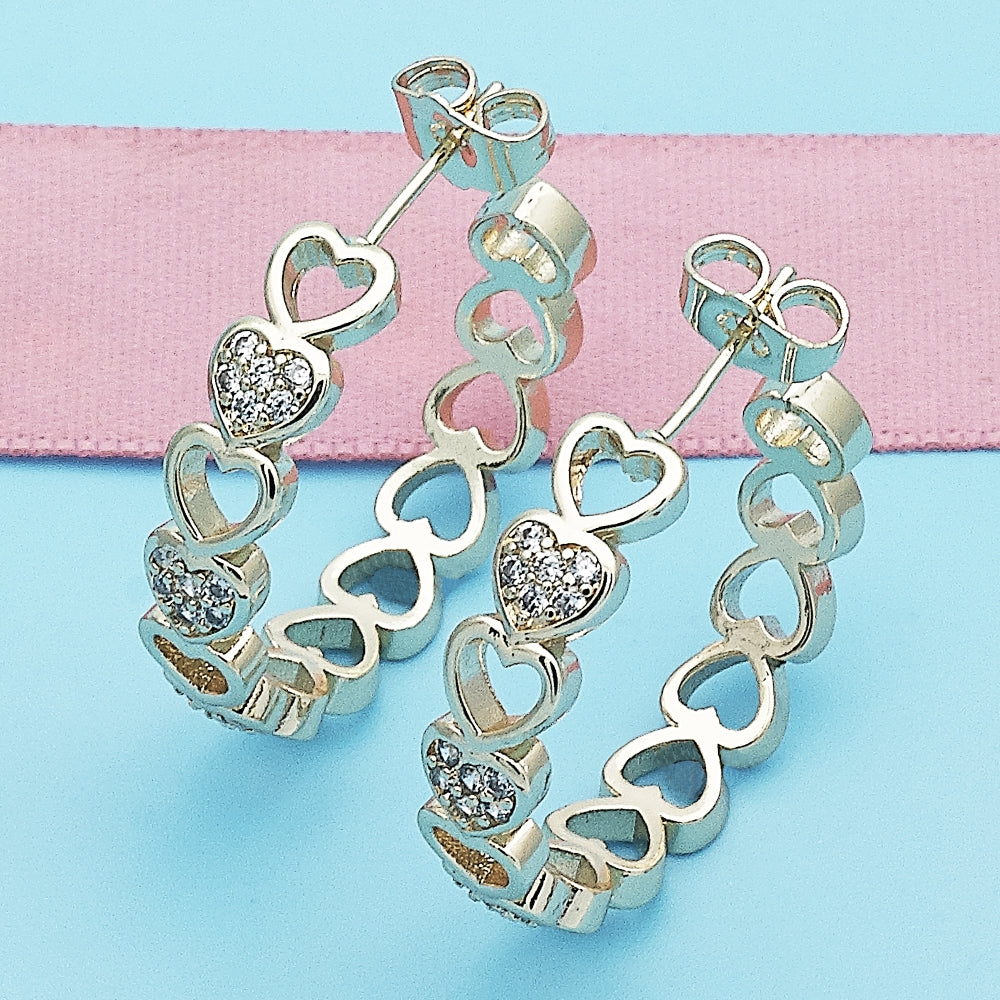 Oro Laminado Medium Hoop, Gold Filled Style Heart Design, with White Micro Pave, Polished, Golden Finish