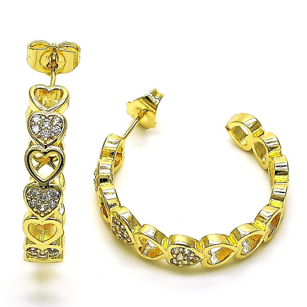 Oro Laminado Medium Hoop, Gold Filled Style Heart Design, with White Micro Pave, Polished, Golden Finish