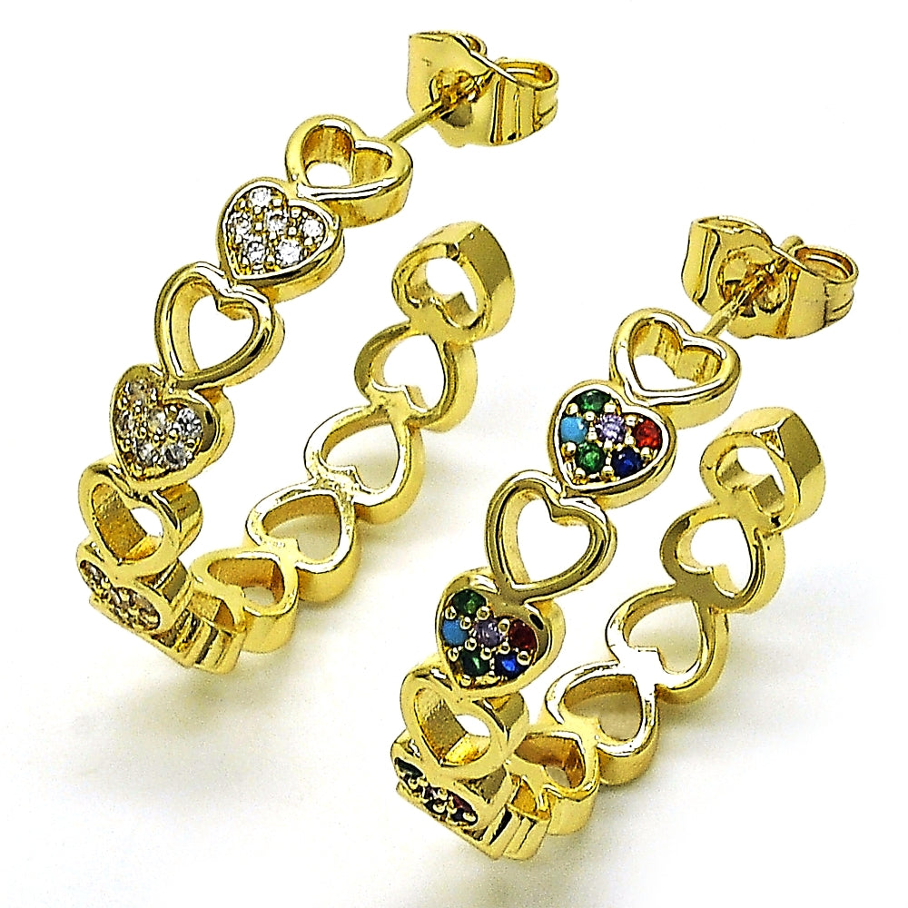 Oro Laminado Medium Hoop, Gold Filled Style Heart Design, with White Micro Pave, Polished, Golden Finish