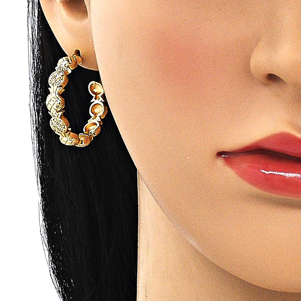 Oro Laminado Medium Hoop, Gold Filled Style Pineapple Design, with White Micro Pave, Polished, Golden Finish