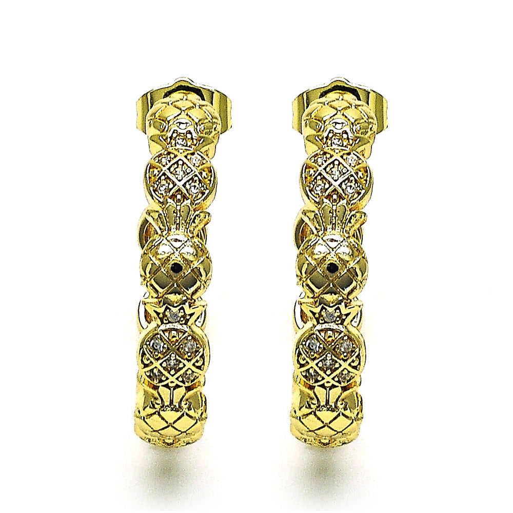 Oro Laminado Medium Hoop, Gold Filled Style Pineapple Design, with White Micro Pave, Polished, Golden Finish