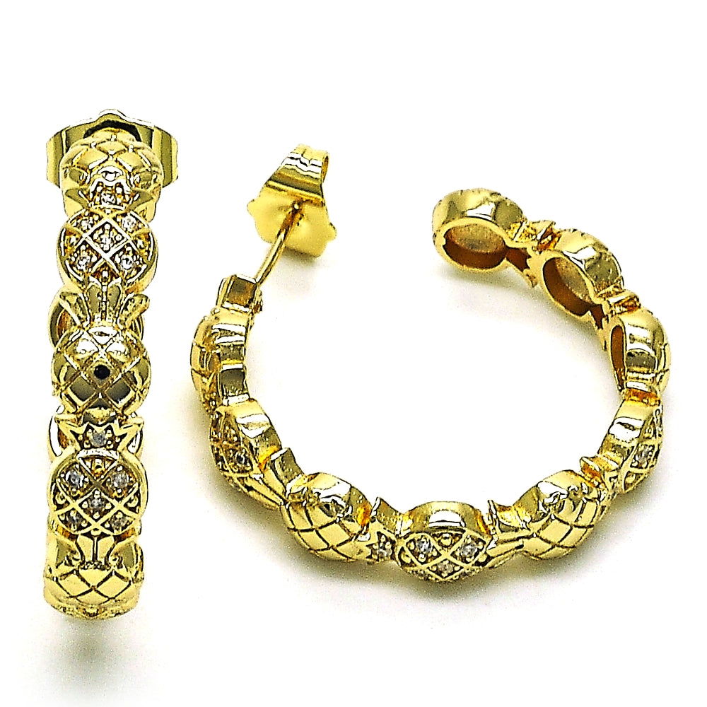 Oro Laminado Medium Hoop, Gold Filled Style Pineapple Design, with White Micro Pave, Polished, Golden Finish