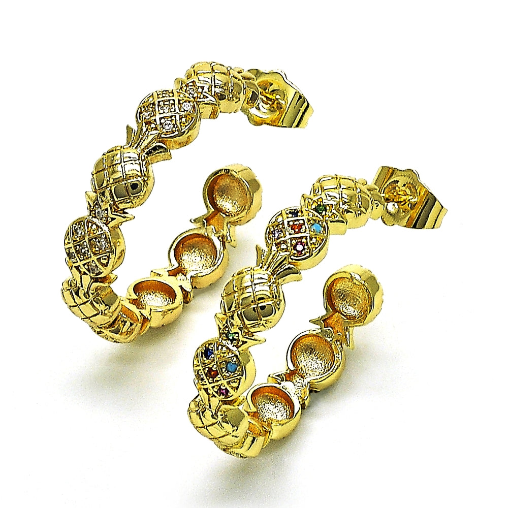 Oro Laminado Medium Hoop, Gold Filled Style Pineapple Design, with White Micro Pave, Polished, Golden Finish