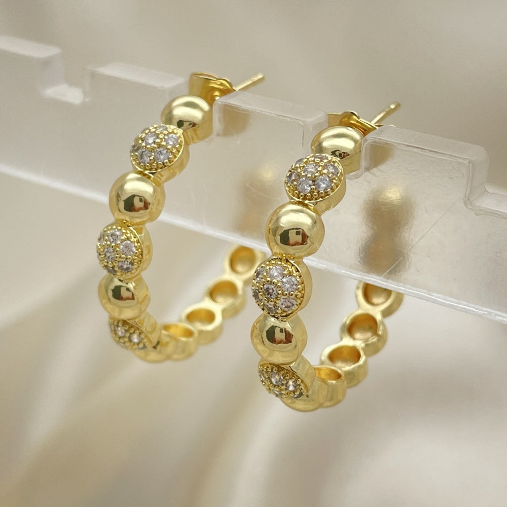 Oro Laminado Medium Hoop, Gold Filled Style with White Micro Pave, Polished, Golden Finish