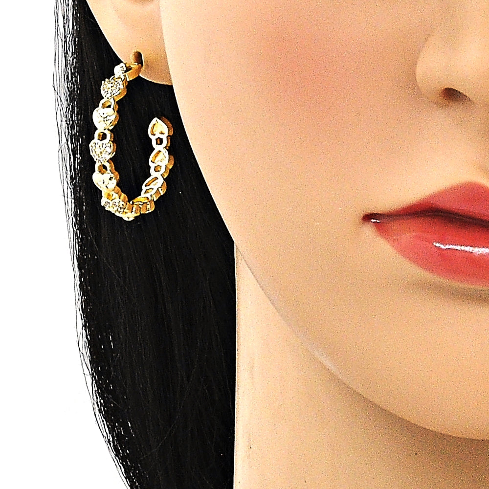 Oro Laminado Medium Hoop, Gold Filled Style Lock and Heart Design, with White Micro Pave, Polished, Golden Finish
