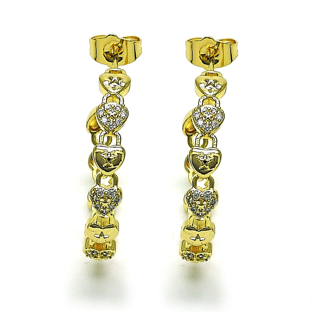 Oro Laminado Medium Hoop, Gold Filled Style Lock and Heart Design, with White Micro Pave, Polished, Golden Finish
