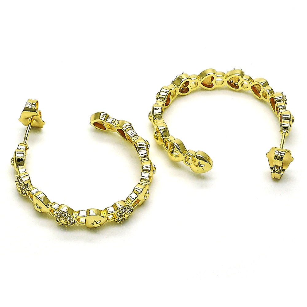 Oro Laminado Medium Hoop, Gold Filled Style Lock and Heart Design, with White Micro Pave, Polished, Golden Finish
