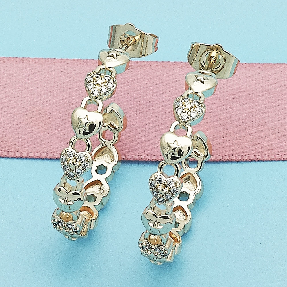 Oro Laminado Medium Hoop, Gold Filled Style Lock and Heart Design, with White Micro Pave, Polished, Golden Finish
