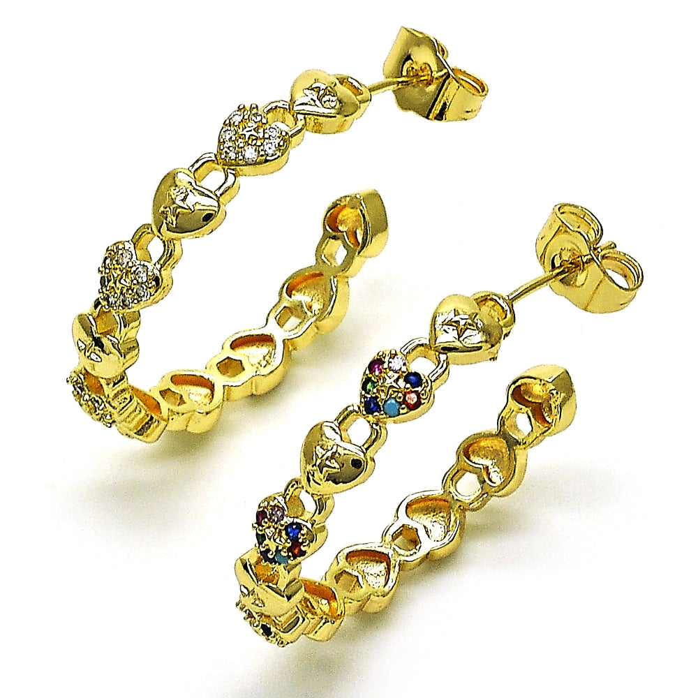 Oro Laminado Medium Hoop, Gold Filled Style Lock and Heart Design, with White Micro Pave, Polished, Golden Finish