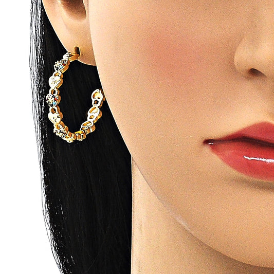 Oro Laminado Medium Hoop, Gold Filled Style Lock and Heart Design, with Multicolor Micro Pave, Polished, Golden Finish