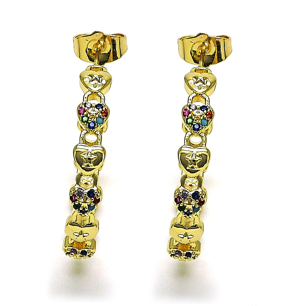 Oro Laminado Medium Hoop, Gold Filled Style Lock and Heart Design, with Multicolor Micro Pave, Polished, Golden Finish