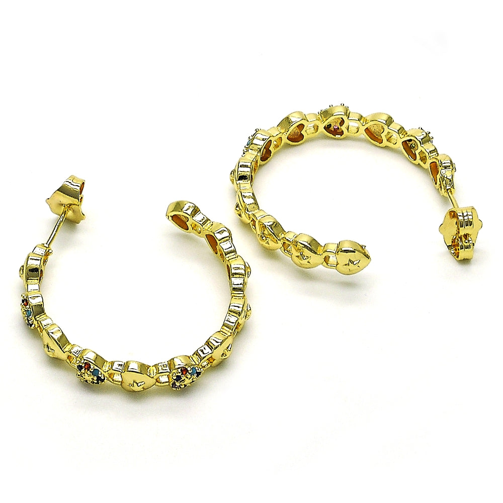 Oro Laminado Medium Hoop, Gold Filled Style Lock and Heart Design, with Multicolor Micro Pave, Polished, Golden Finish