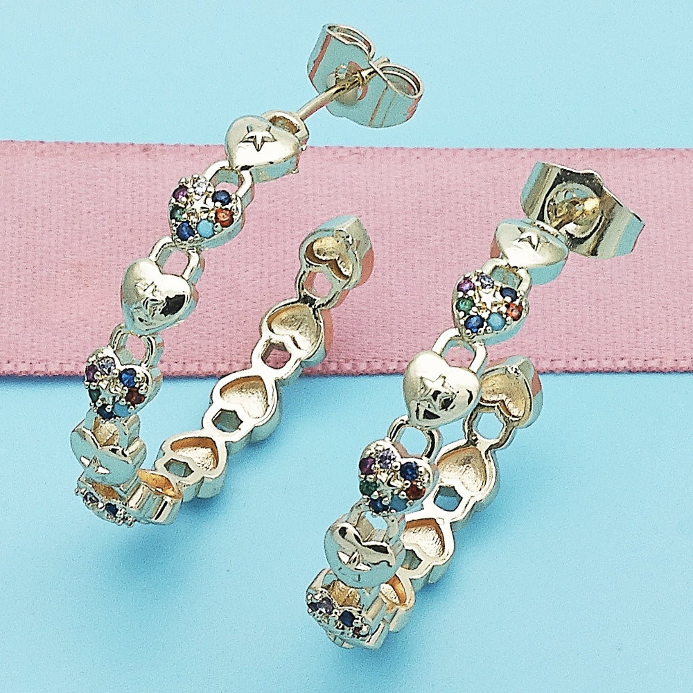 Oro Laminado Medium Hoop, Gold Filled Style Lock and Heart Design, with Multicolor Micro Pave, Polished, Golden Finish