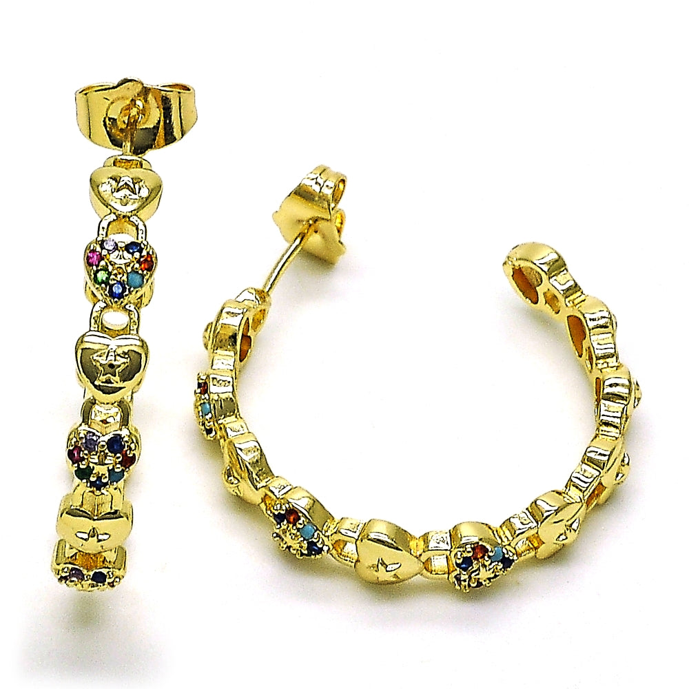 Oro Laminado Medium Hoop, Gold Filled Style Lock and Heart Design, with Multicolor Micro Pave, Polished, Golden Finish