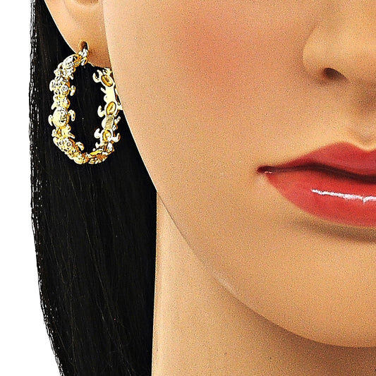 Oro Laminado Medium Hoop, Gold Filled Style Turtle Design, with White Micro Pave, Polished, Golden Finish