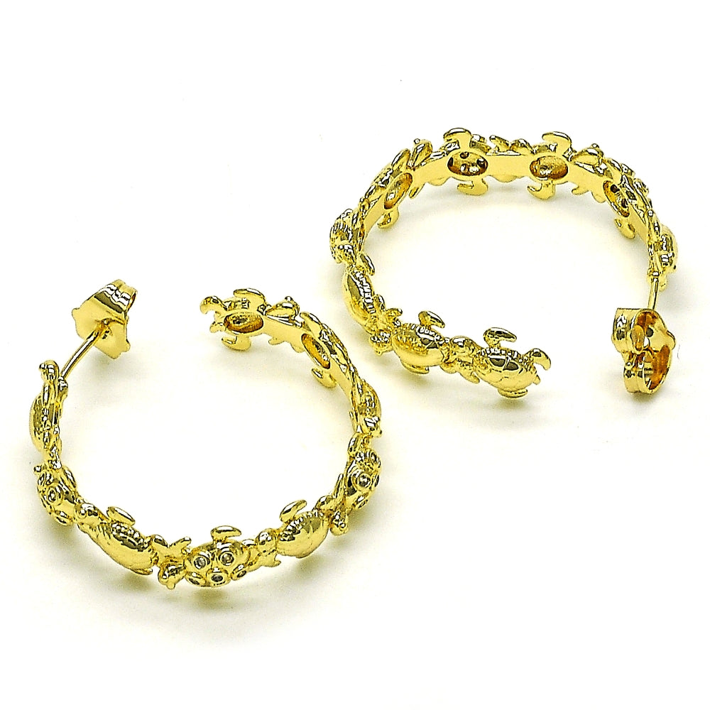 Oro Laminado Medium Hoop, Gold Filled Style Turtle Design, with White Micro Pave, Polished, Golden Finish