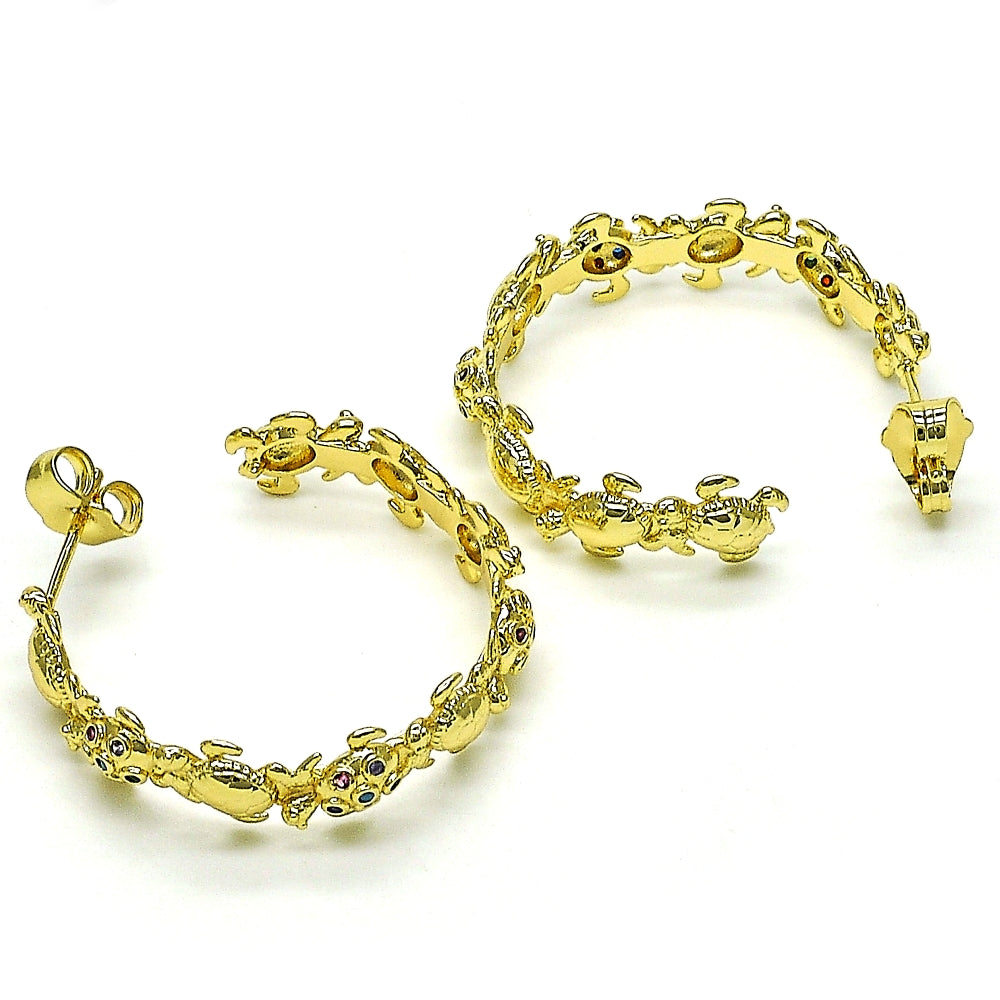 Oro Laminado Medium Hoop, Gold Filled Style Turtle Design, with Multicolor Micro Pave, Polished, Golden Finish