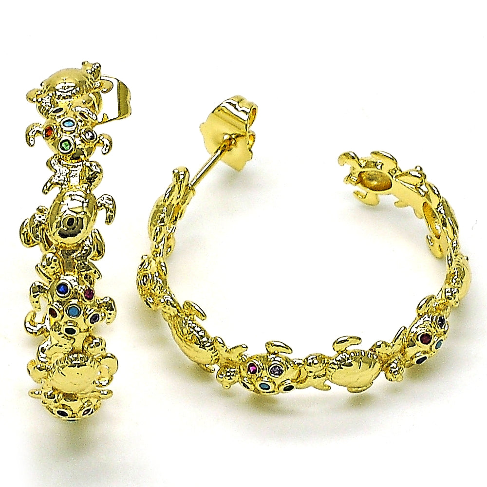 Oro Laminado Medium Hoop, Gold Filled Style Turtle Design, with Multicolor Micro Pave, Polished, Golden Finish