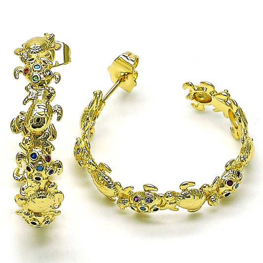 Oro Laminado Medium Hoop, Gold Filled Style Turtle Design, with Multicolor Micro Pave, Polished, Golden Finish