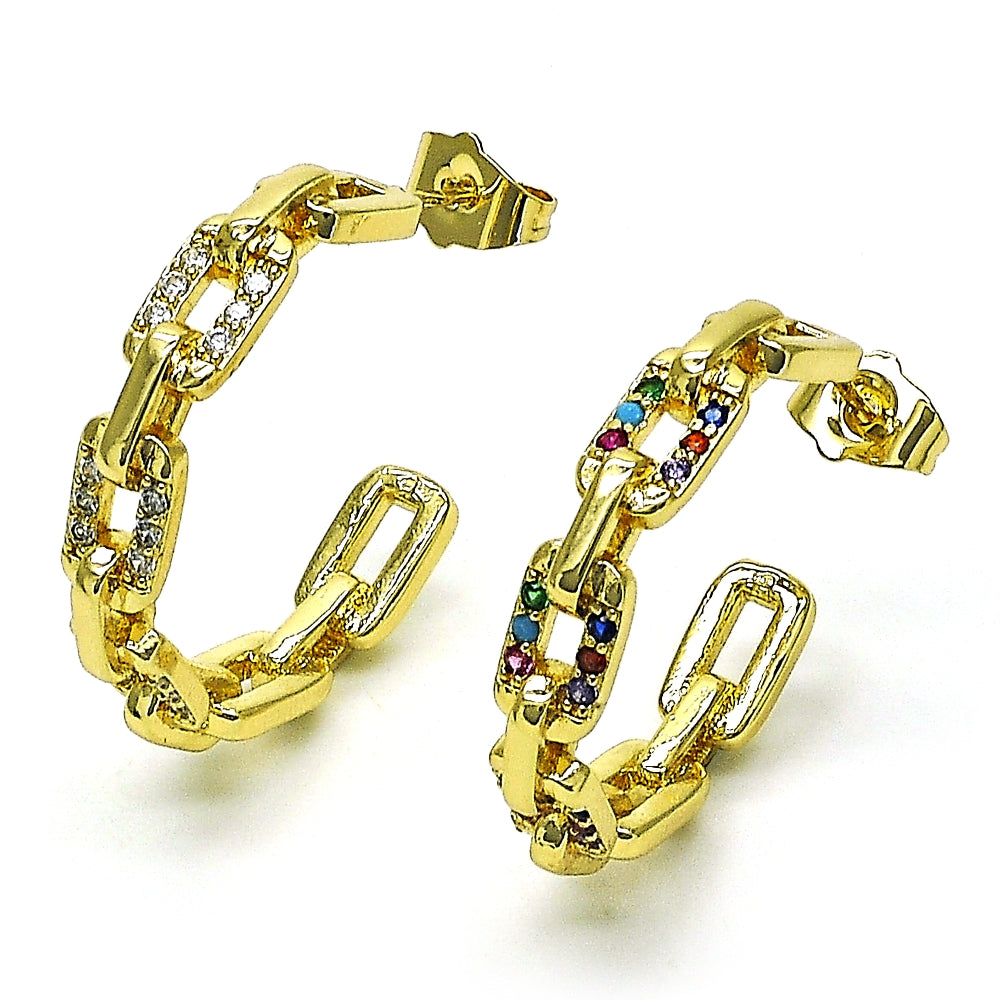 Oro Laminado Medium Hoop, Gold Filled Style Paperclip Design, with White Micro Pave, Polished, Golden Finish