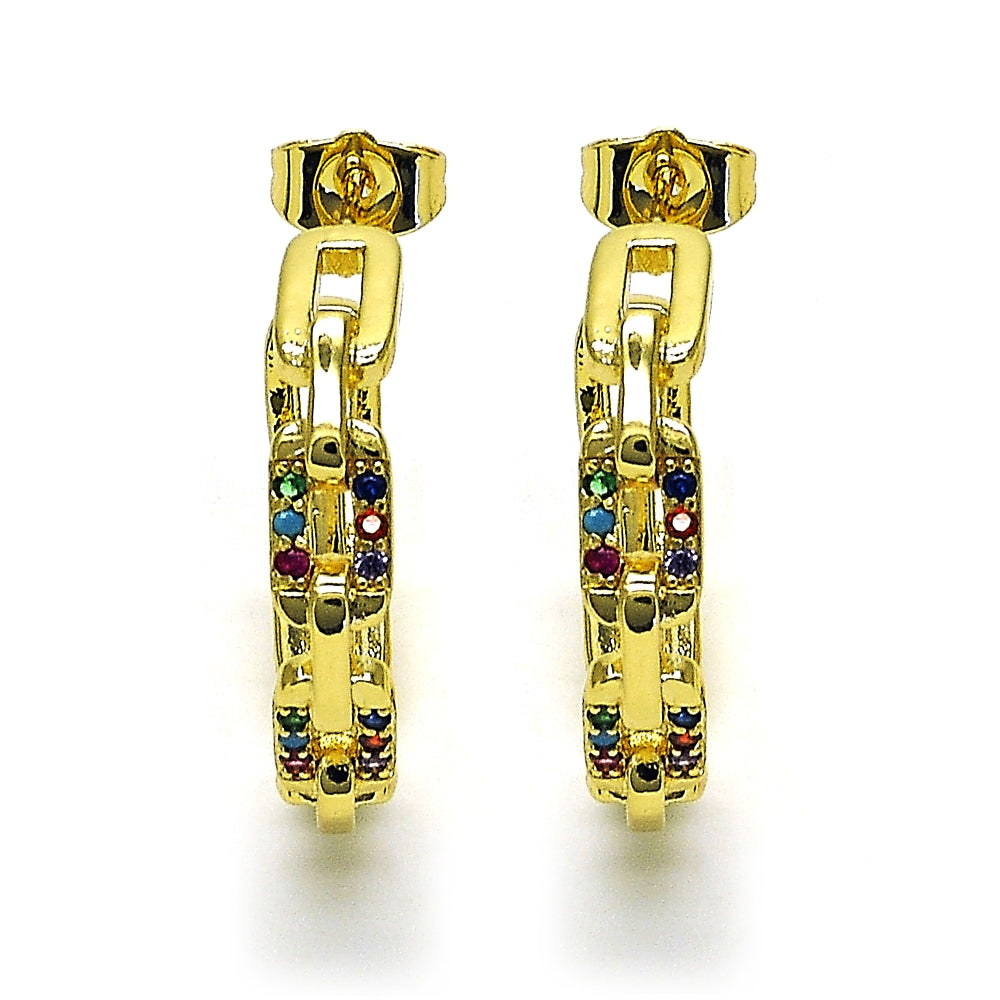 Oro Laminado Medium Hoop, Gold Filled Style Paperclip Design, with Multicolor Micro Pave, Polished, Golden Finish