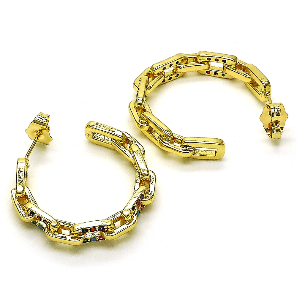 Oro Laminado Medium Hoop, Gold Filled Style Paperclip Design, with Multicolor Micro Pave, Polished, Golden Finish