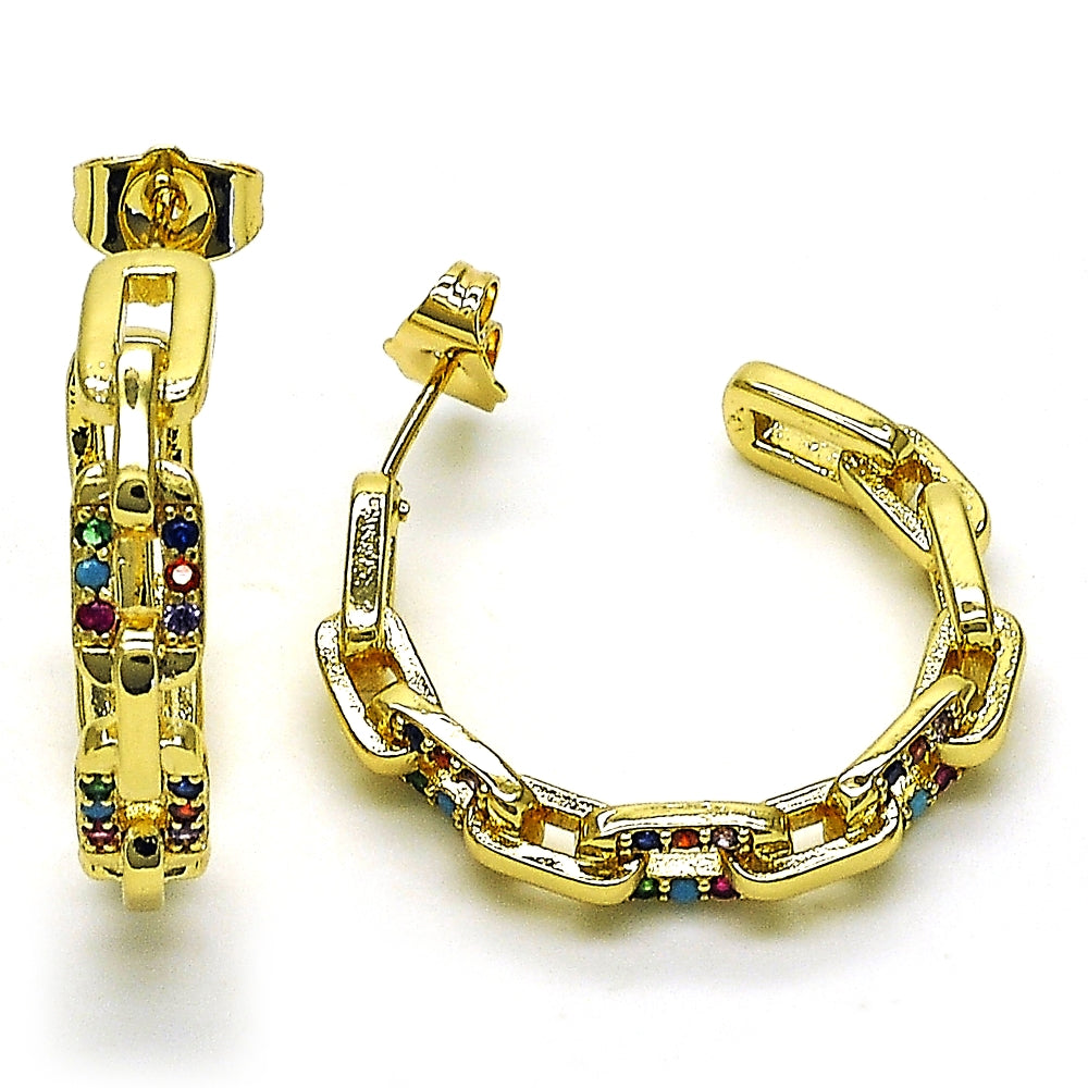 Oro Laminado Medium Hoop, Gold Filled Style Paperclip Design, with Multicolor Micro Pave, Polished, Golden Finish